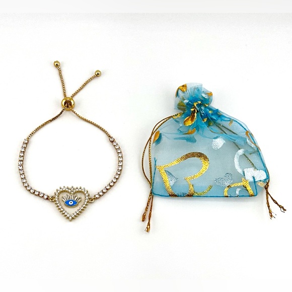 18K Gold Plated over Stainless Steel Adjusatble Slider Evil Eye & Heart Bracelet - Picture 5 of 5